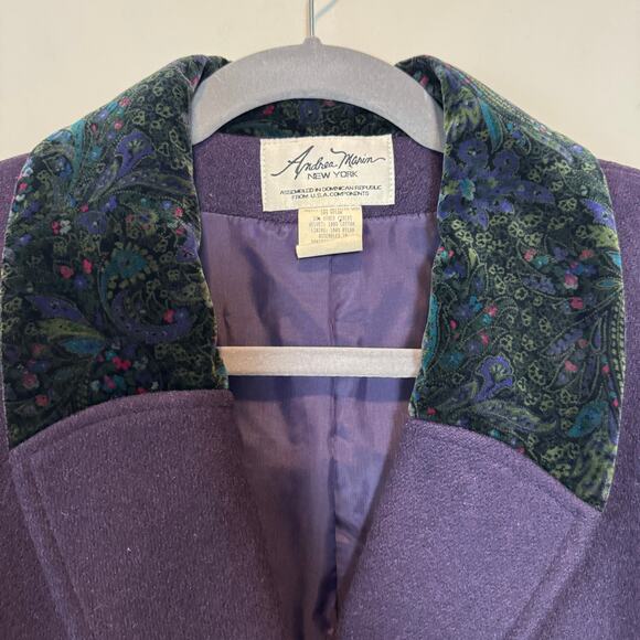 EUC Vtg 80s 90s Andrea Marin Purple Wool Coat Velvet Paisley Shawl Collar L/XL - Picture 3 of 9